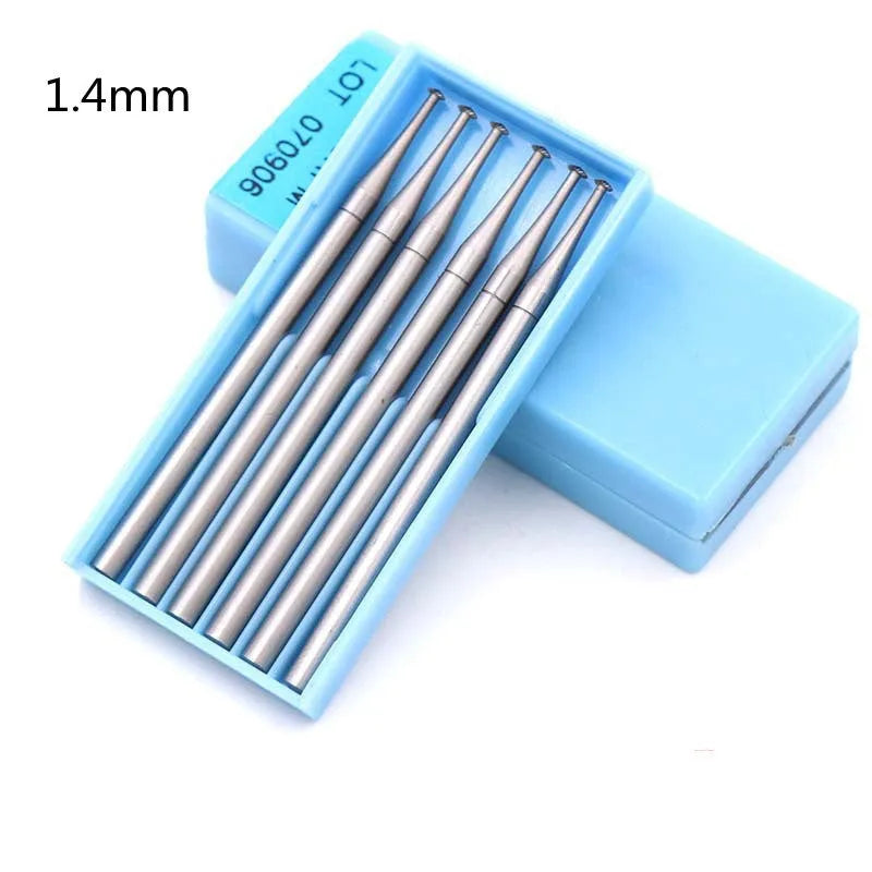Six tungsten steel carving cutters with thin disc needle heads in sizes from 1.0mm to 2.0mm, each with a 2.35mm mandrel.