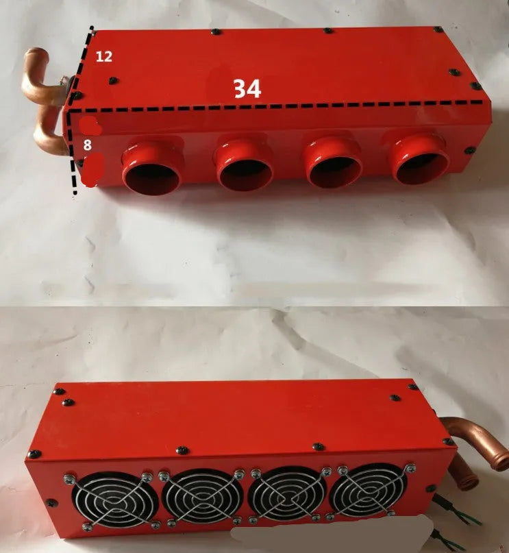 Metal car heater with four small copper pipes for engine waste heat transfer, 34cm long