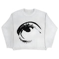 Punk hip hop style round neck pullover sweater in organic cotton on a grey background.
