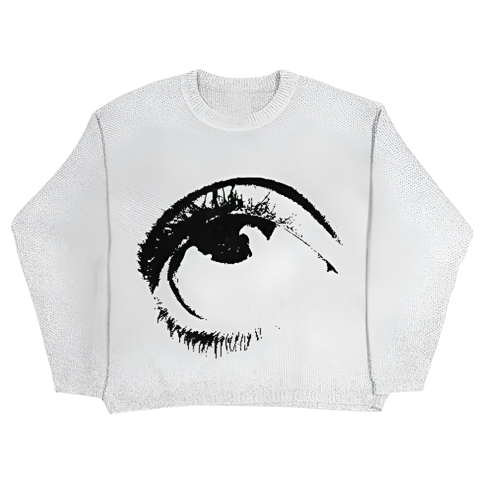 Punk hip hop style round neck pullover sweater in organic cotton on a grey background.