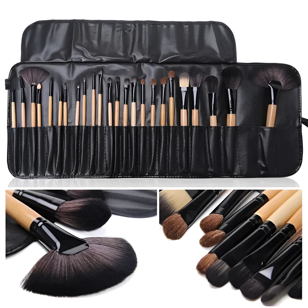 24-piece professional makeup brush set with wooden handles in protective PU gift bag packaging