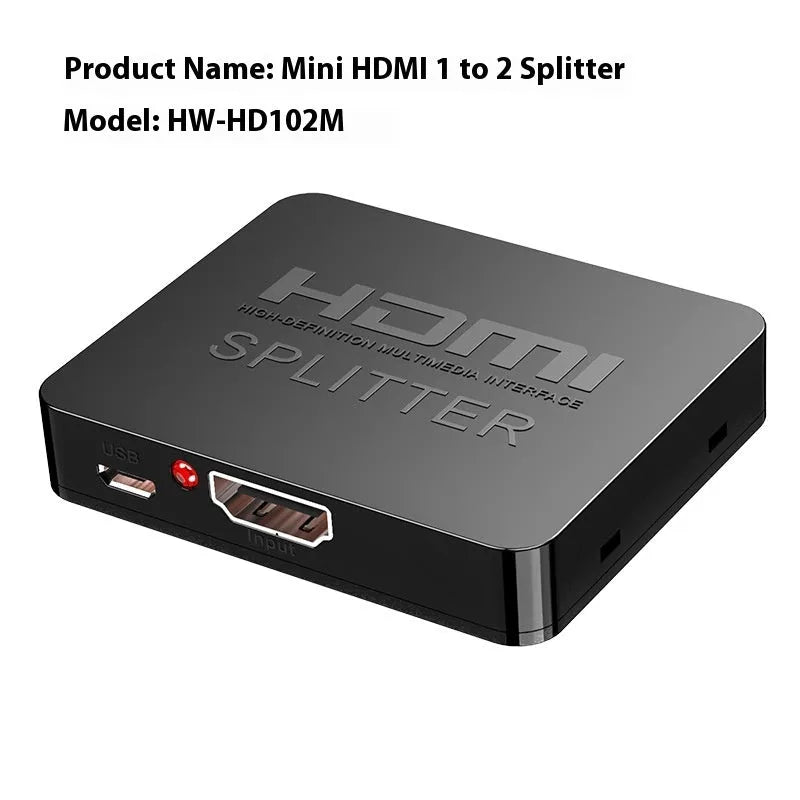 HDMI splitter device with one input and two output ports, USB charger lead, and compact black housing