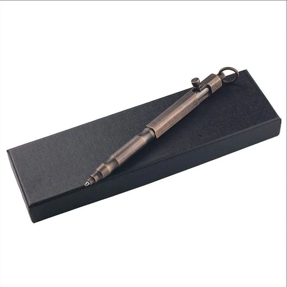 Vintage brass hexagonal bolt action tactical pen in natural brass and retro black colours.