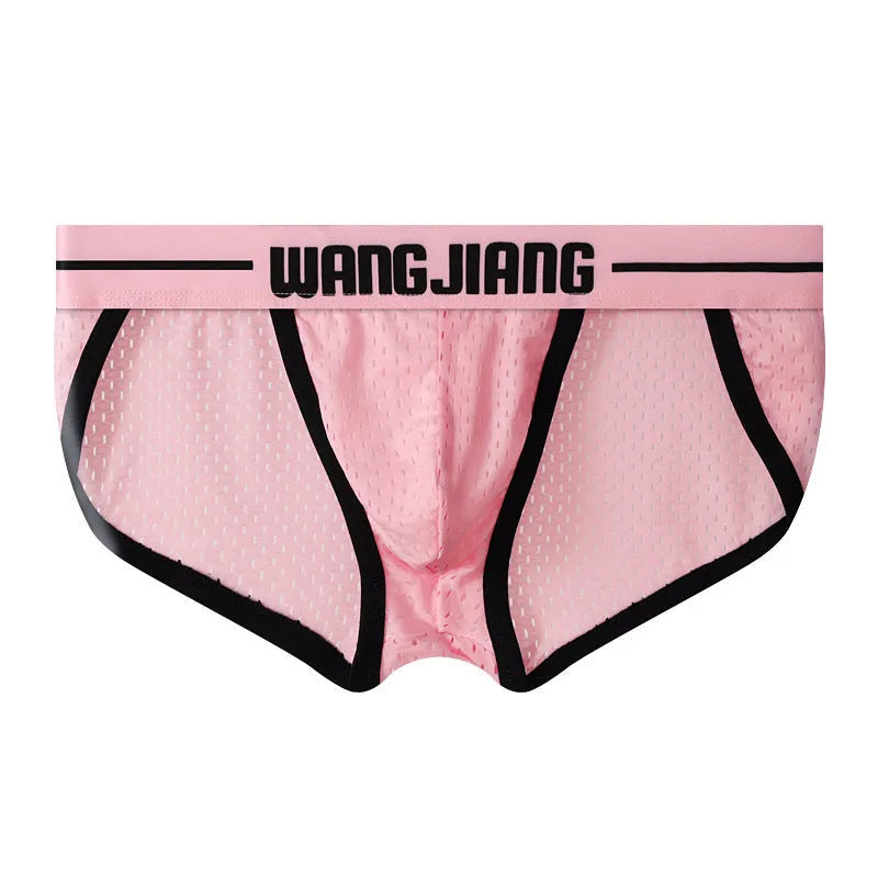 Men's black mesh ice silk triangular underwear laid flat, showing briefs style and breathable fabric texture.