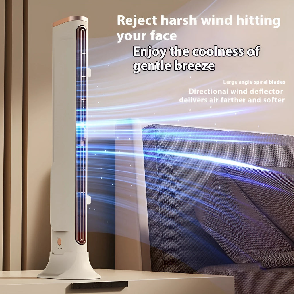 Creamy white Roman column USB floor fan with integrated LED light, measuring 37cm tall