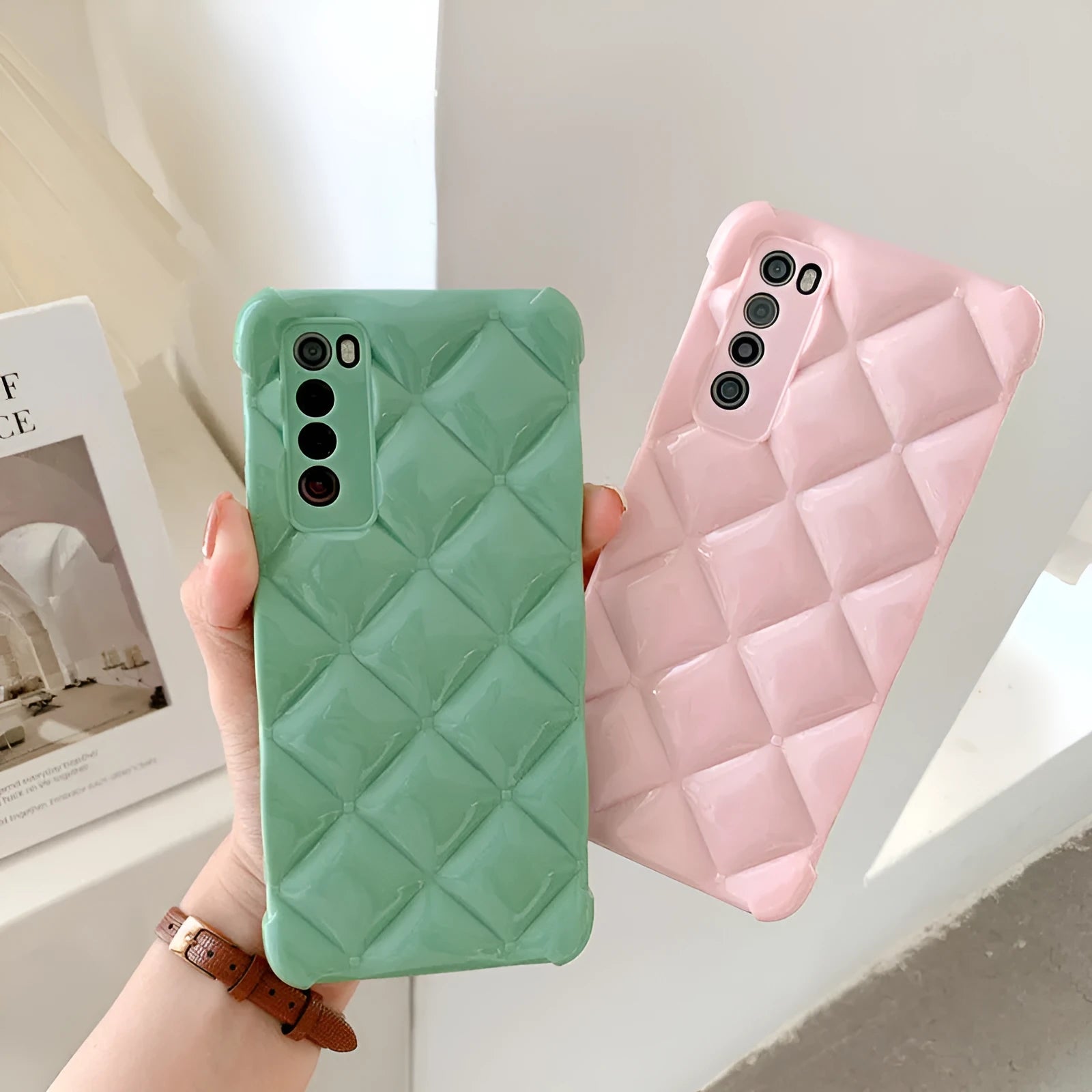 Huawei silicone diamond texture phone case in black green pink or white colours