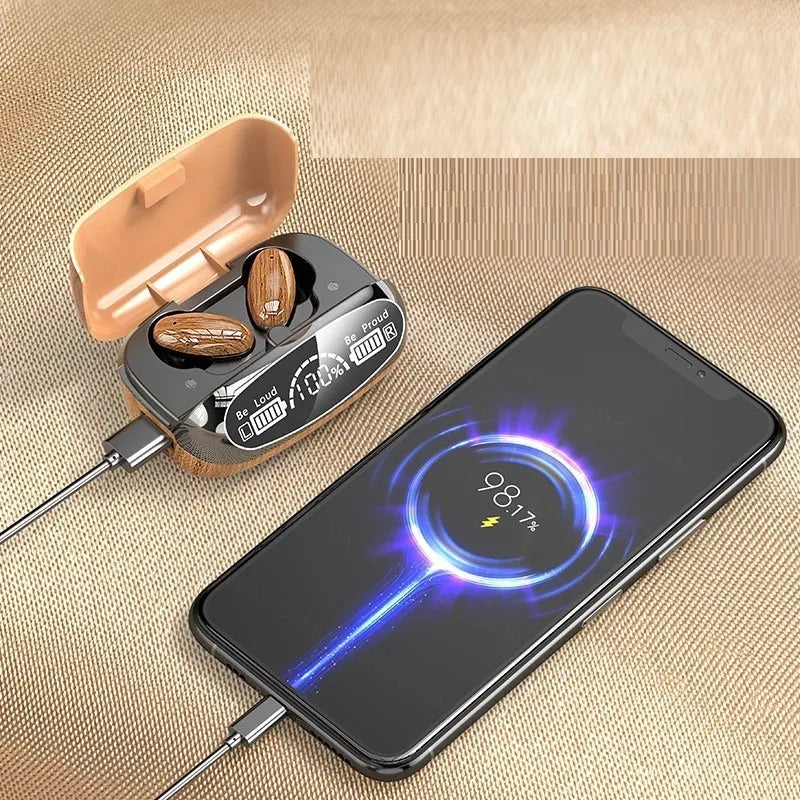 M35 wood grain true wireless Bluetooth earphones with charging case on display.