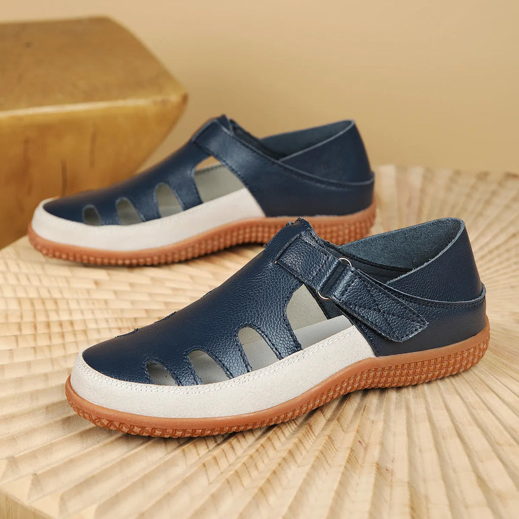 Women's blue plus size flat sandals with hollow-out design and toe cap