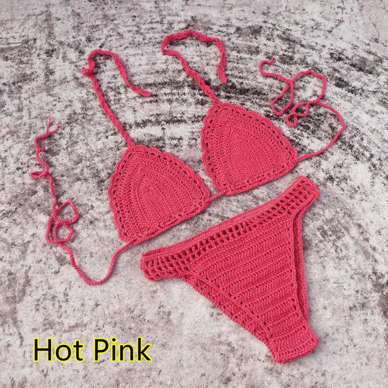 Handmade crochet bikini set with matching beach skirt in blue colour, showing three separate pieces