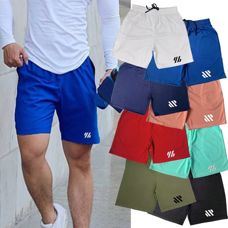 Metal silk fabric sports shorts in loose fit, available in colours like army green and sapphire blue for summer sports