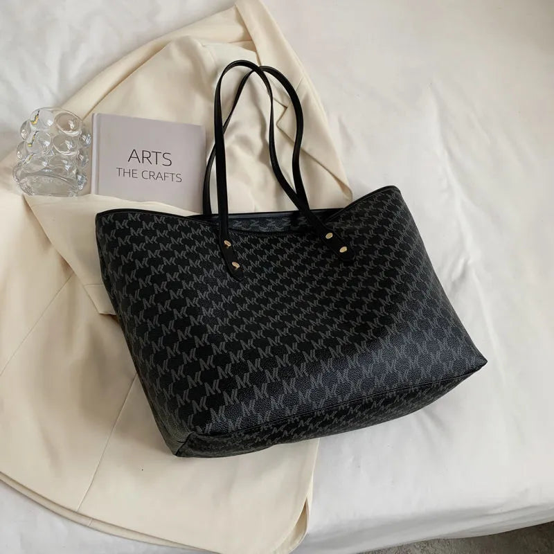 Women's large PU shoulder tote bag, 44cm wide, zip top, in black, beige or brown