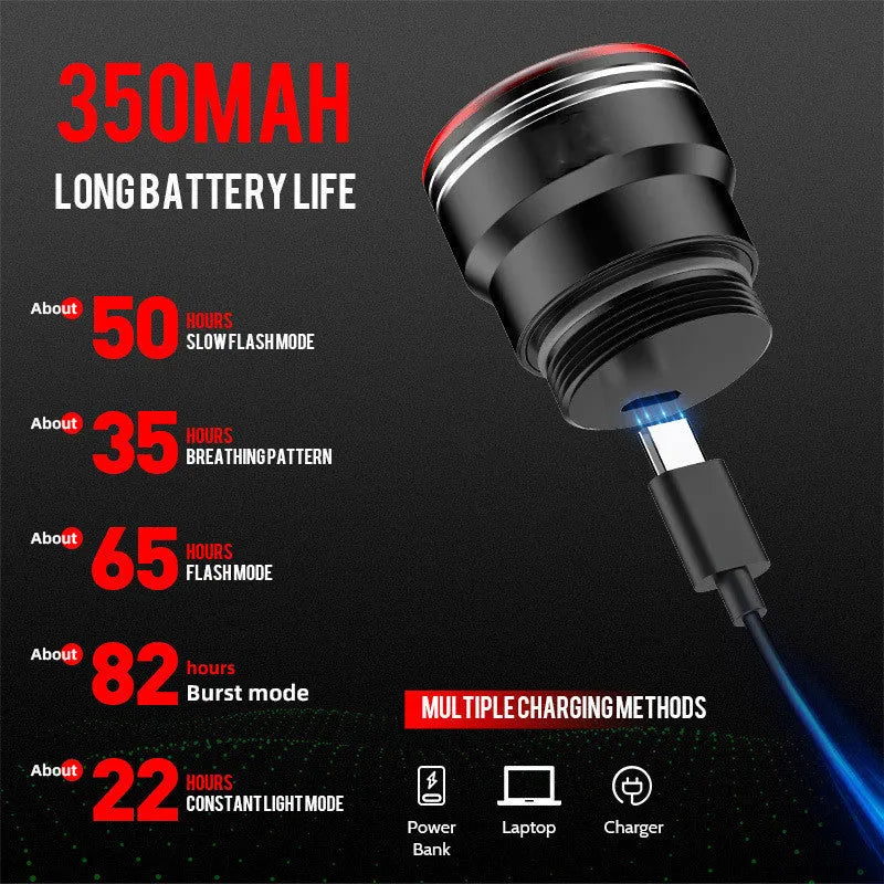Black aluminium smart brake sensing USB charging bicycle taillight showing 35x39x58mm dimensions
