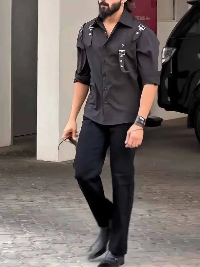 Men's black button-up utility shirt with regular fit, made from polyester, shown in a front view for daily wear