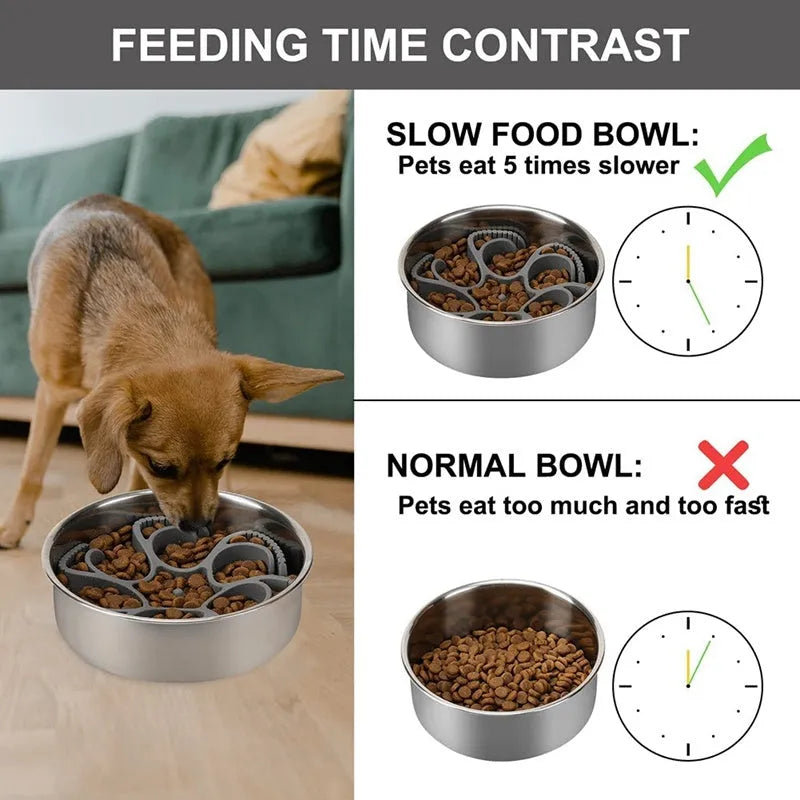 Red silicone dog slow feeder insert with spiral design and suction cups on a white background.