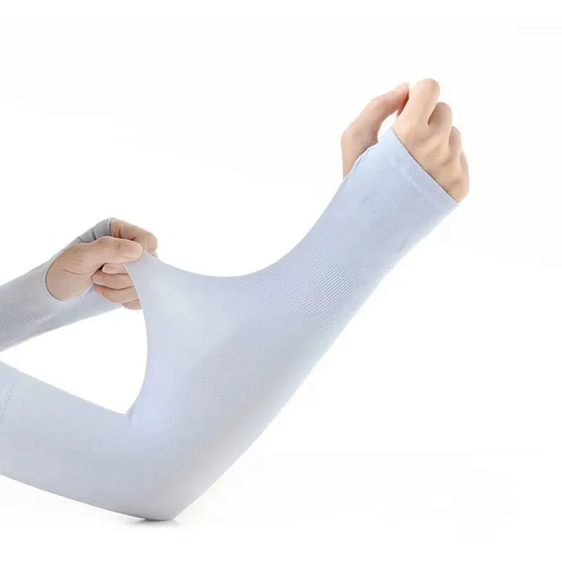 A pair of grey sun protection arm sleeves with an open-finger design on a neutral background.