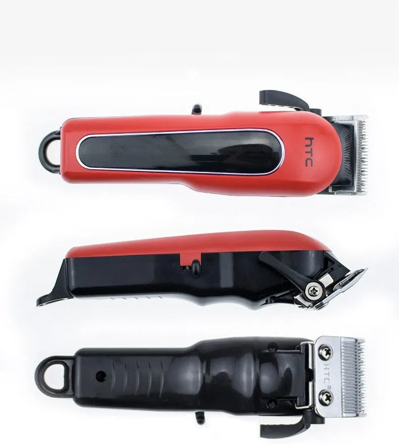 Professional digital electric hair clipper in black, red, or white with charger, comb, oil, brush, and four limiting combs.