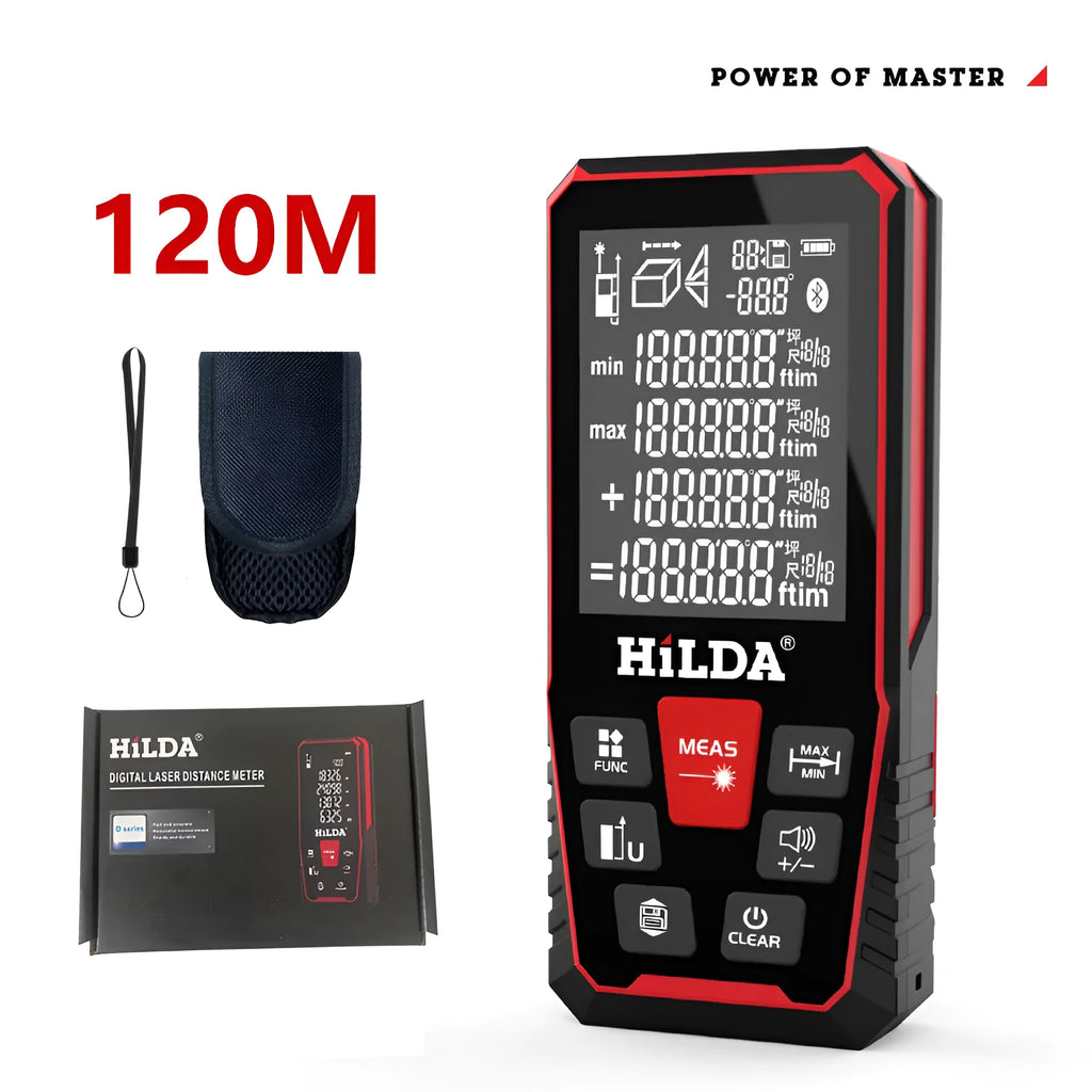 Handheld laser rangefinder for measuring building and room distances up to 120 metres.