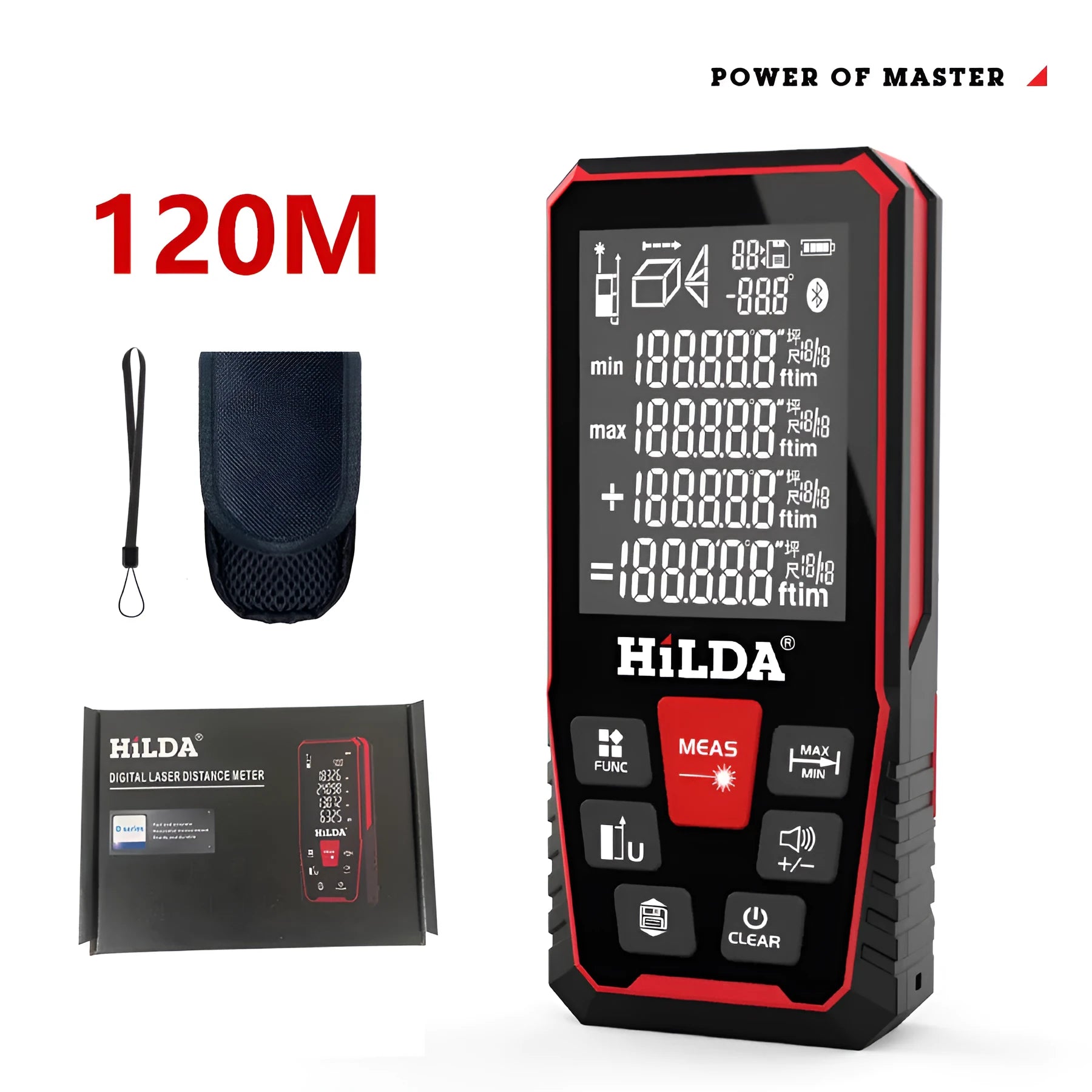 Handheld laser rangefinder for measuring building and room distances up to 120 metres.