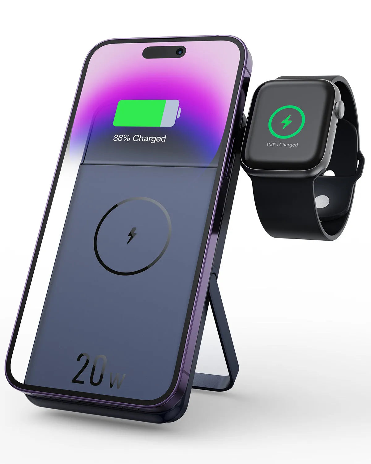 Black magnetic wireless power bank with bracket showing 10000mAh capacity and industrial design