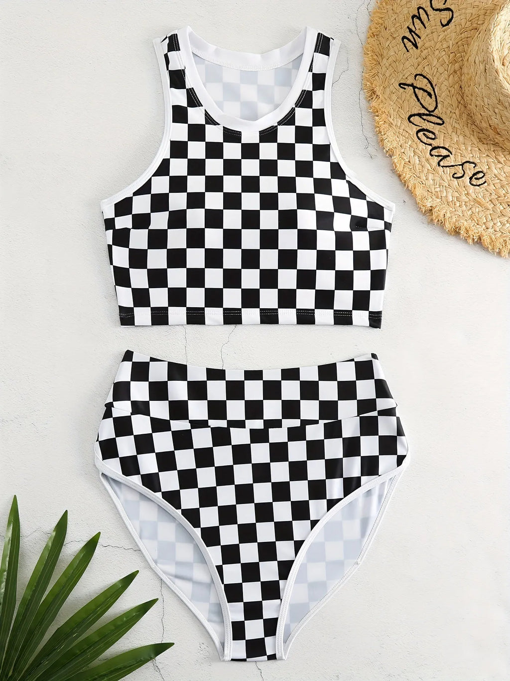 Women's check pattern racing swimsuit with backless suspender design in polyester fabric