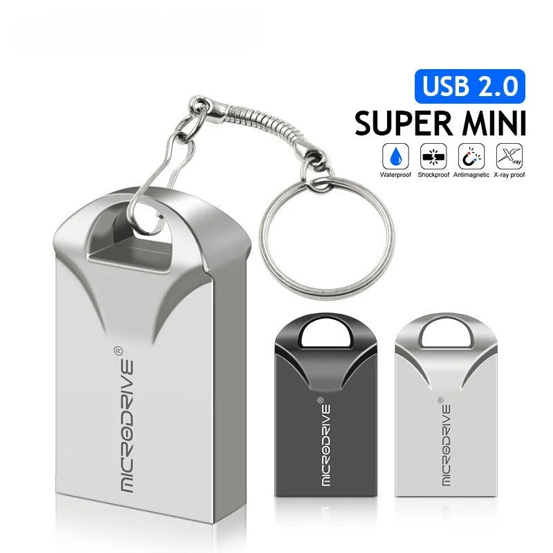 Black and silver mini metal USB drive with compact 23x12x8mm dimensions and high-speed storage up to 128GB
