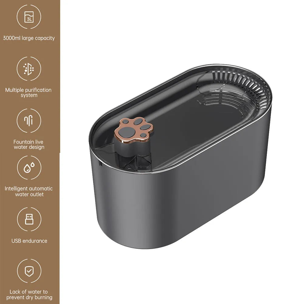 Berlin blue automatic cat water fountain with filter, LED light, and 3L capacity on a kitchen floor.