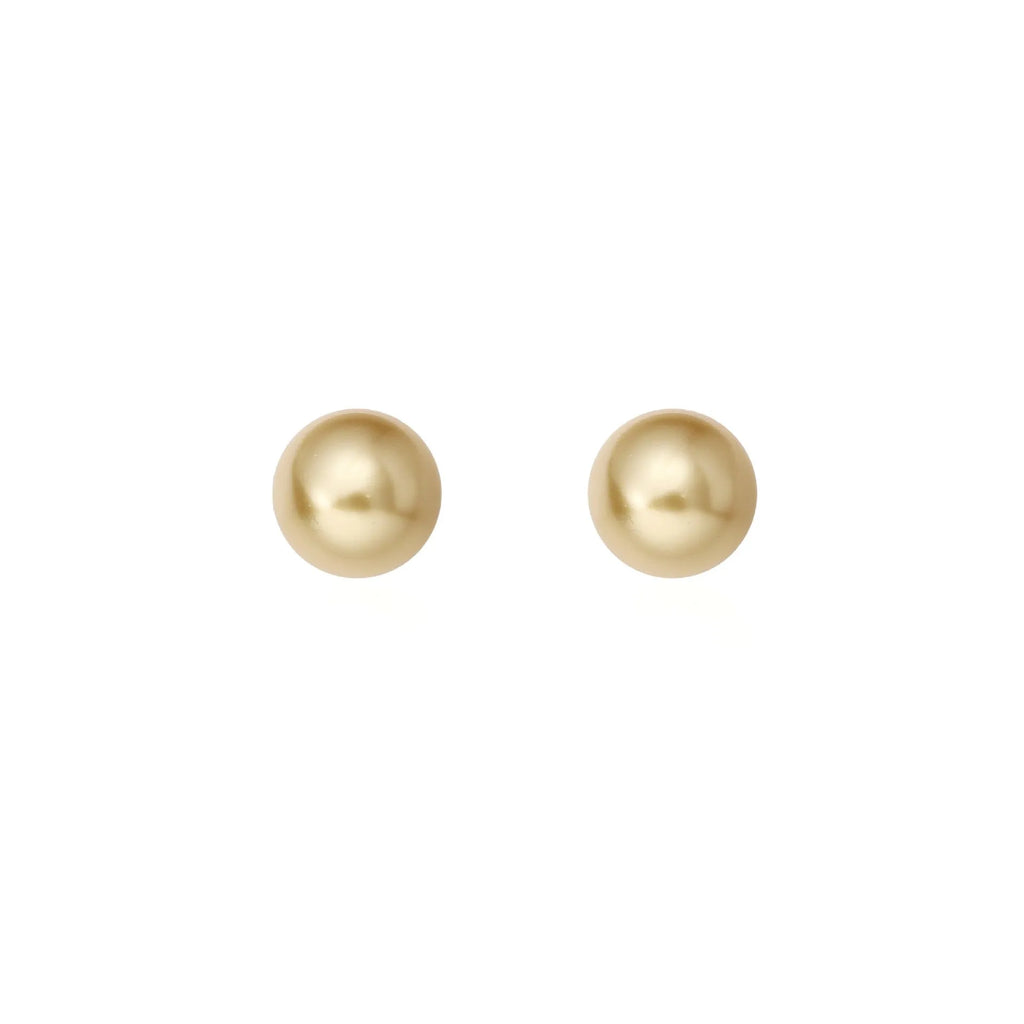 Large pearl stud earrings with geometric eight-point star setting in silver, showing four size options from 8mm to 14mm