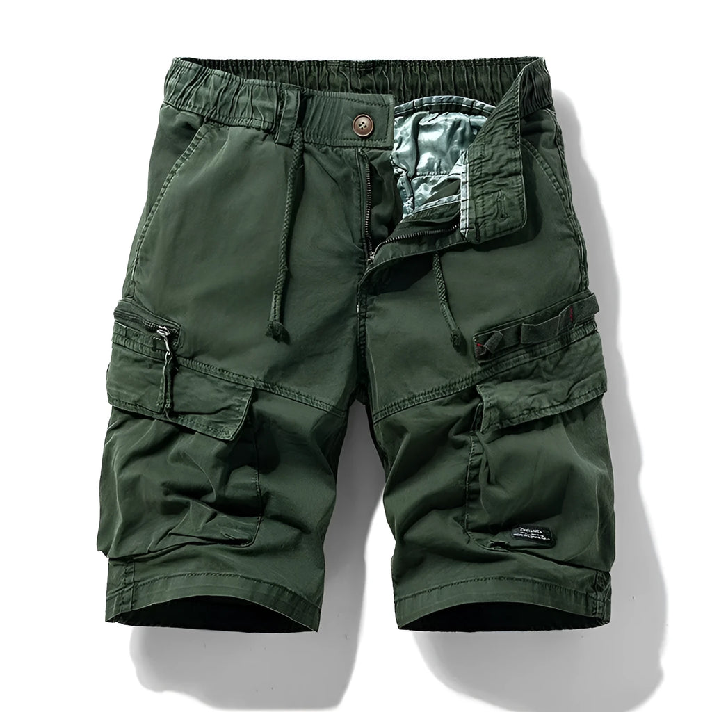 Men's army green cotton shorts with zipper and multiple pockets, Korean style fifth pants length.