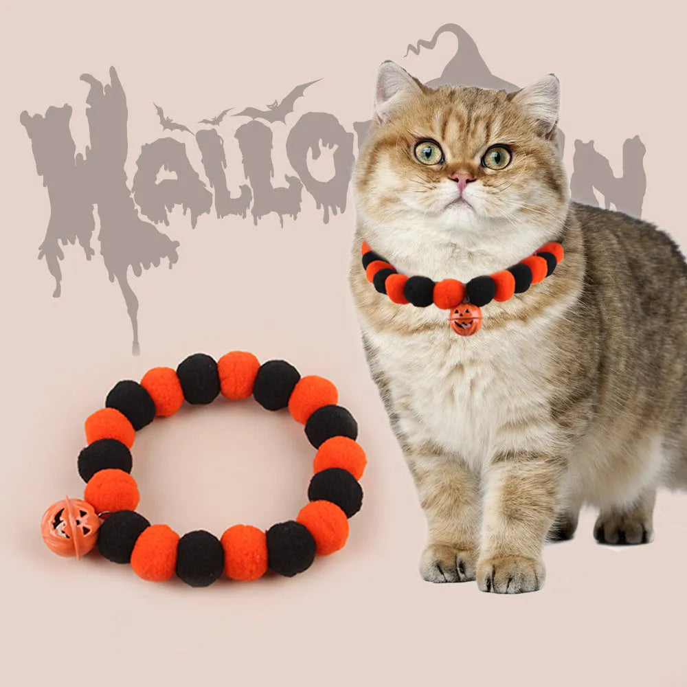 Funny naughty cat collar with orange pumpkin design for Halloween, adjustable in small, medium, large sizes