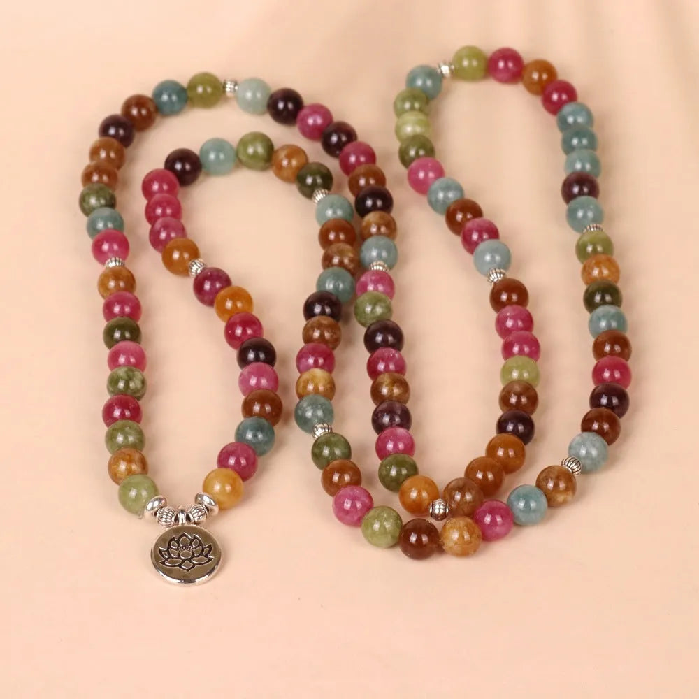 108 beads string lotus hanging multi-layer bracelet with tourmaline beads and adjustable alloy design