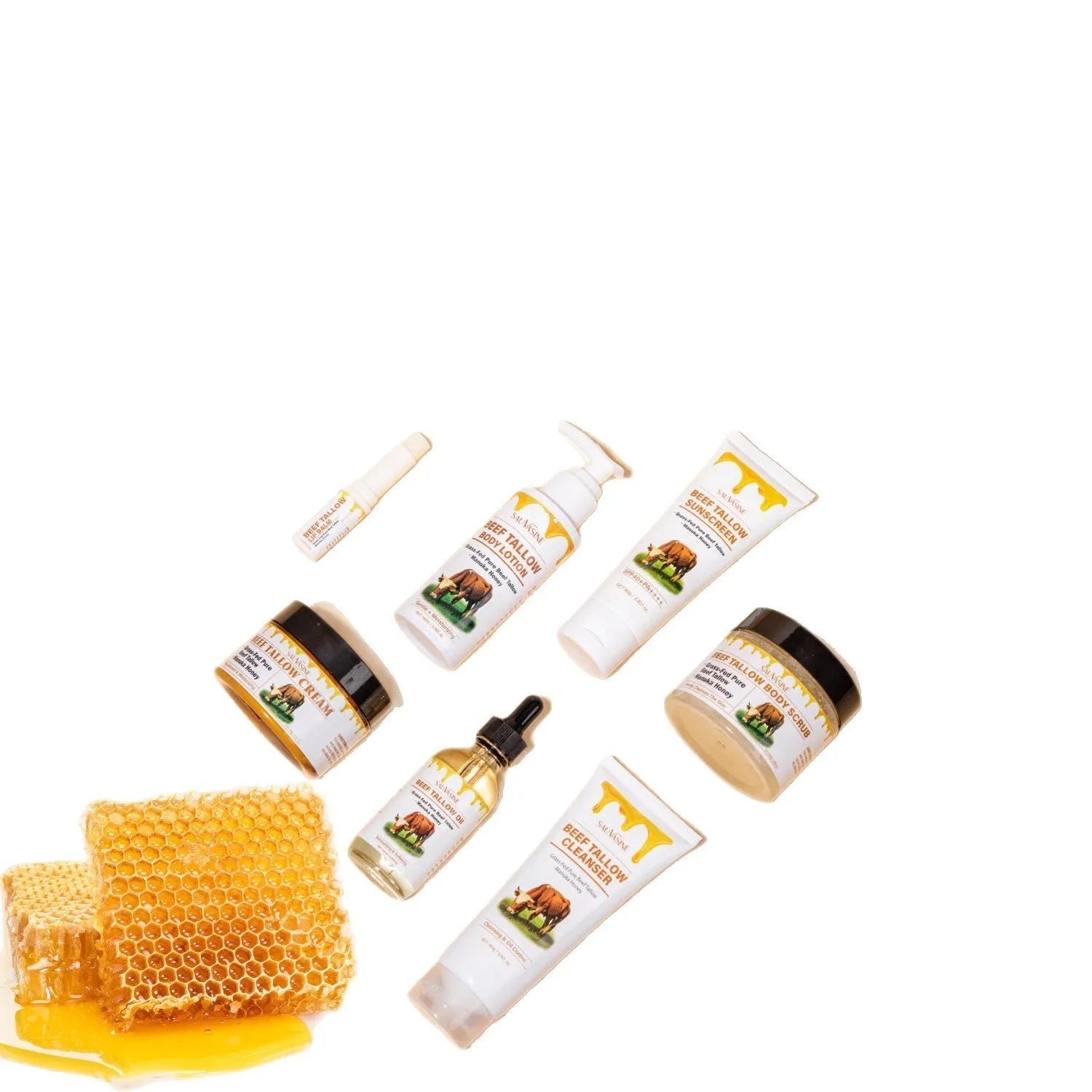 Seven-piece skincare set including facial cleanser, face cream, lipstick, protective cream, body lotion, facial scrub, and beef tallow balm.