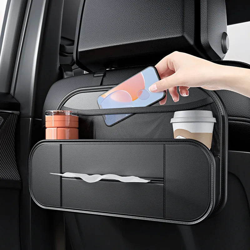 Black leather car seat rear storage bag with dimensions 36cm by 24cm by 8cm.