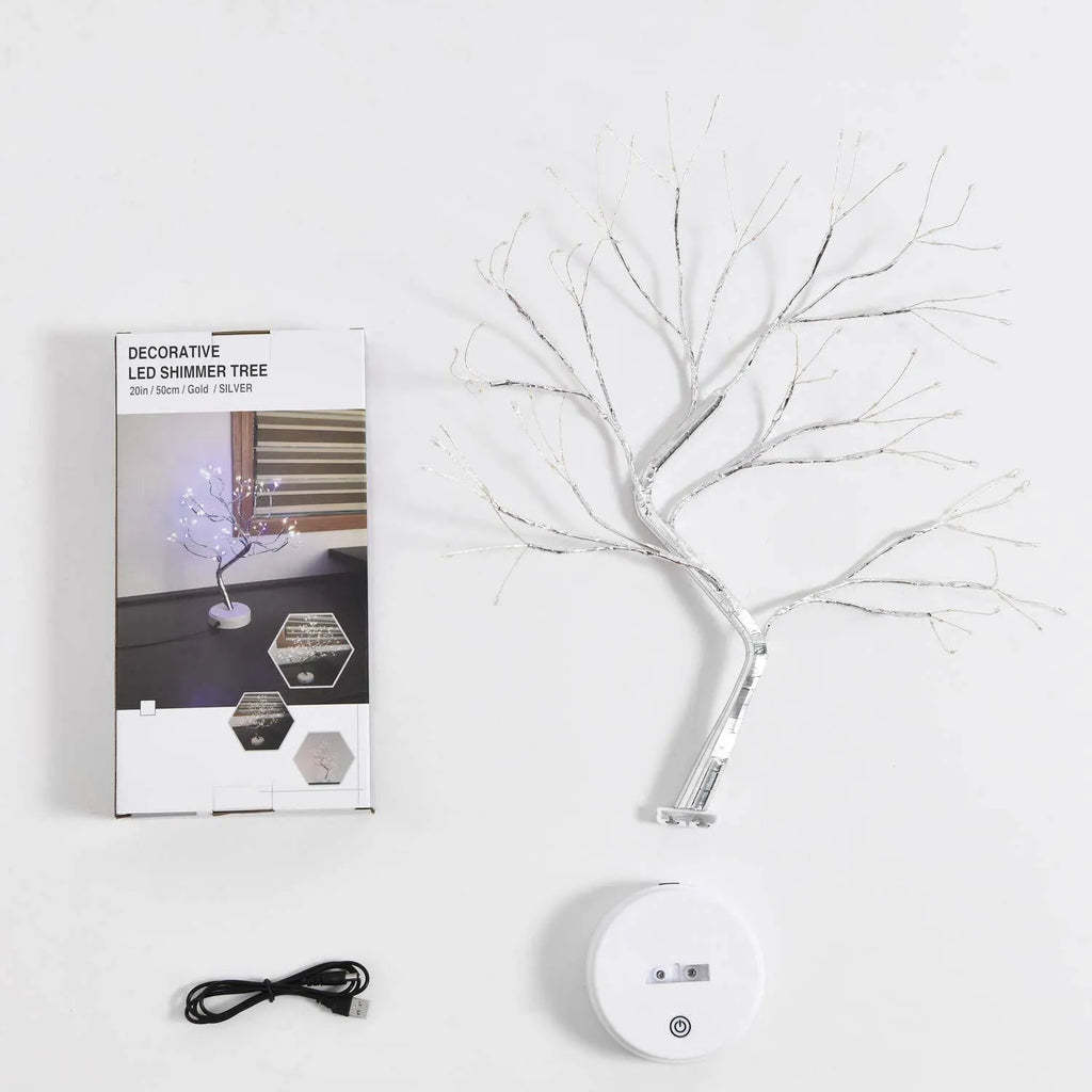 White LED tree-shaped lamp with bendable copper wire branches, 50cm tall, on a table.