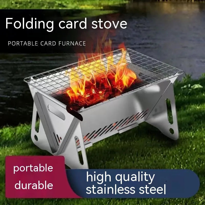 Outdoor folding stainless steel burning oven with BBQ grill and storage bag for portable barbecuing