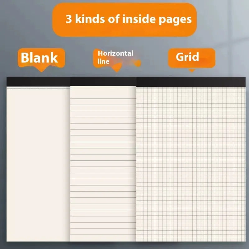 Tearable writing pads in A5, B5, A4 sizes with 80 sheets, available in blank, grid, and horizontal line rulings