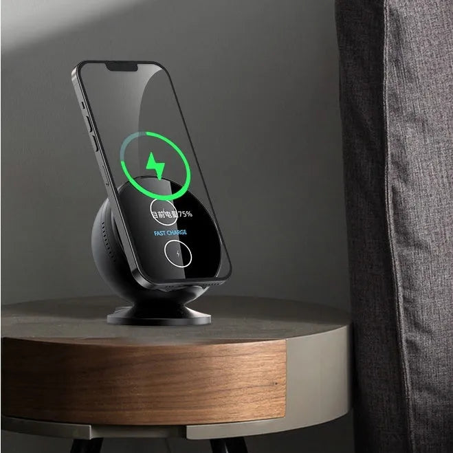 Multifunctional mobile phone wireless charger holder with Bluetooth speaker in black, showing charging surface and USB port