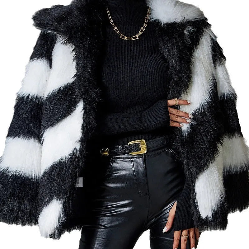 Women's lapel contrast colour faux fur coat with attached fur collar, 50cm length in polyester fibre