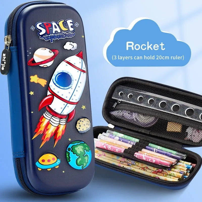 3D leather pencil case with zipper closure showing decorative space theme design