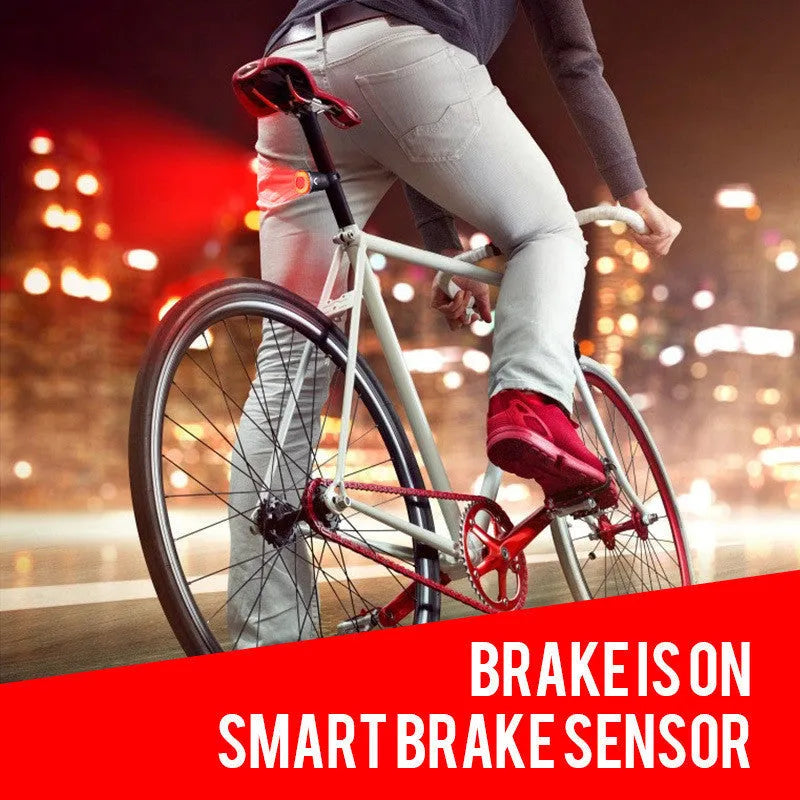 Black aluminium smart brake sensing USB charging bicycle taillight showing 35x39x58mm dimensions