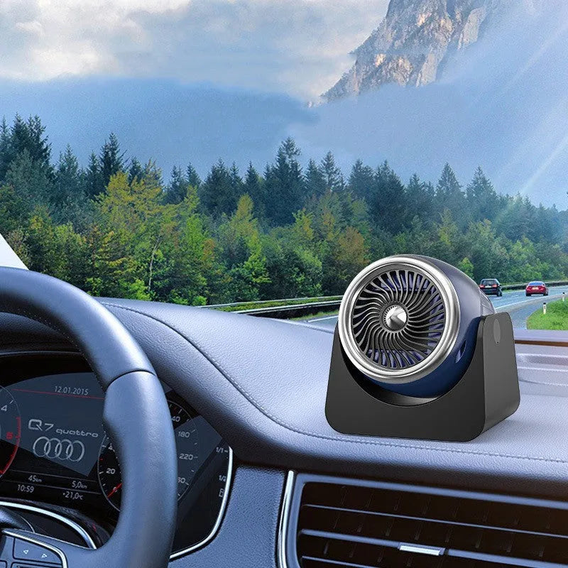 Navy blue 12v car heater with rotation function for defrosting windows, showing cigarette lighter plug