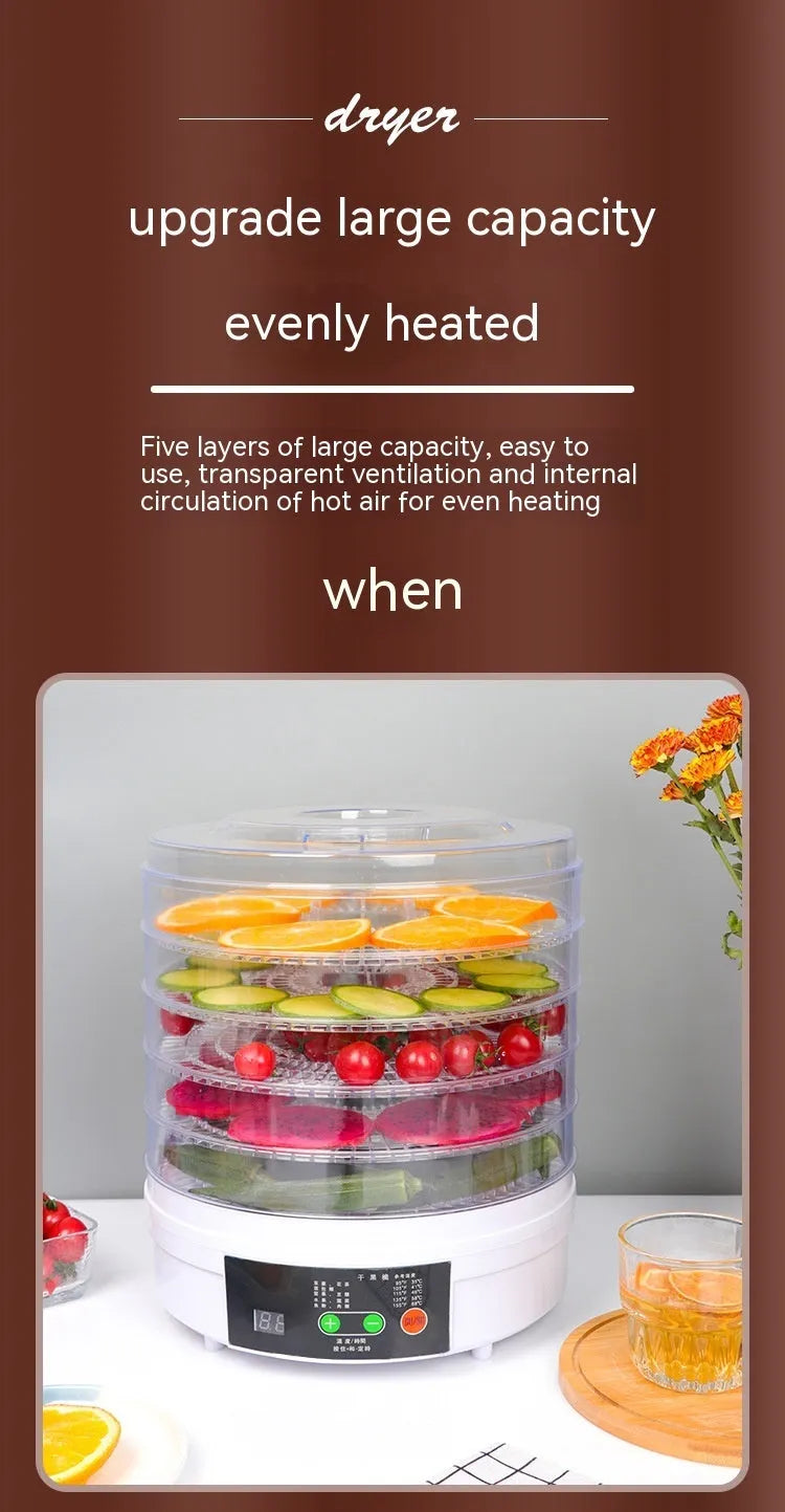 Five-layer food dehydrator with mesh drying trays and temperature control dial for home food preservation