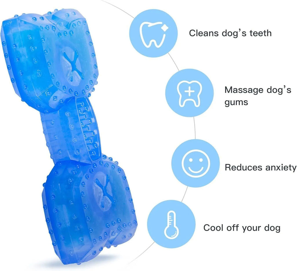 Freezable dog teething cooling chew toy with treat compartment in Bones and Circles shapes