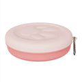 Collapsible silicone dog bowl showing expanded and collapsed states with separate snack compartment and carabiner clip