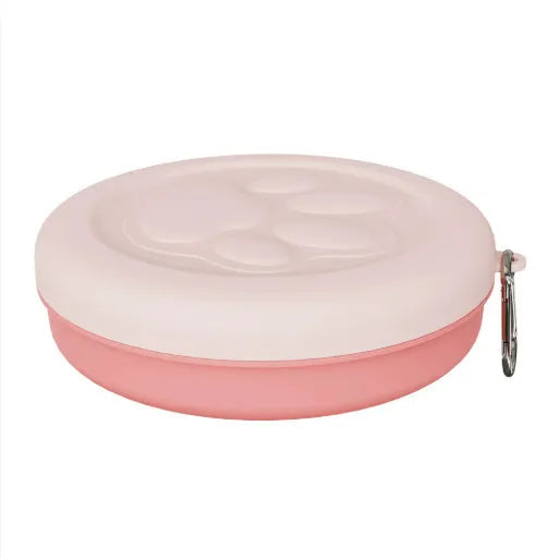 Collapsible silicone dog bowl showing expanded and collapsed states with separate snack compartment and carabiner clip