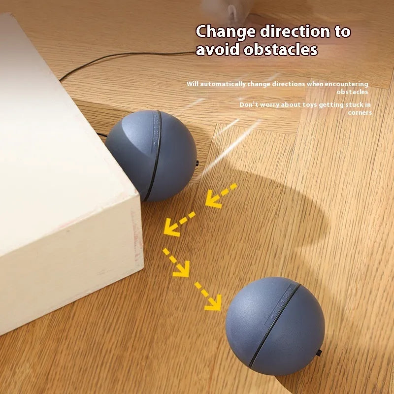 Automatic cat teasing ball toy with plush mouse attachment in blue orange and dark grey