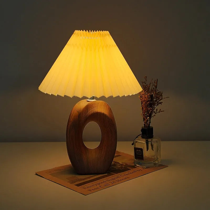 Nordic pleated vintage ceramic small night lamp with beige wood grain base and USB power