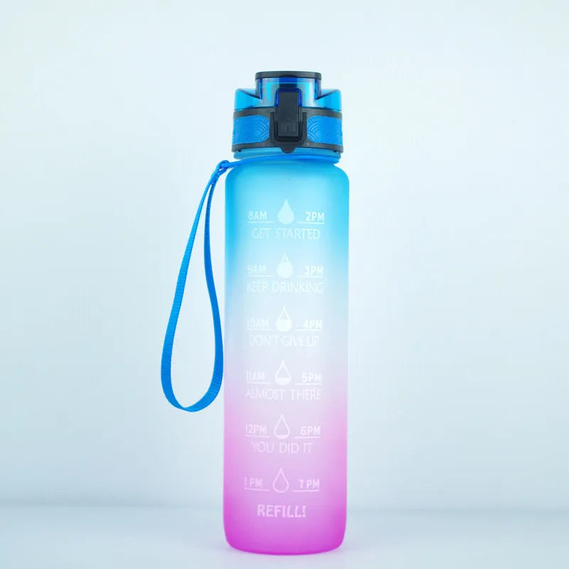 Clear 1000ml Tritan sports water bottle with blue lid and infuser inside, showing measurements.
