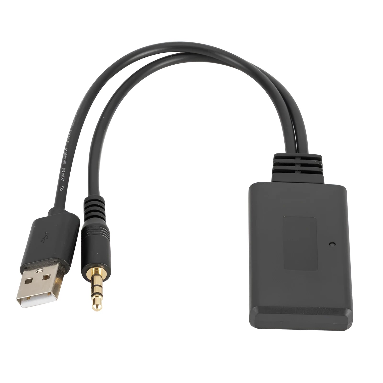Black car AUX Bluetooth audio receiver with 3.5mm plug and USB cable for wireless music streaming