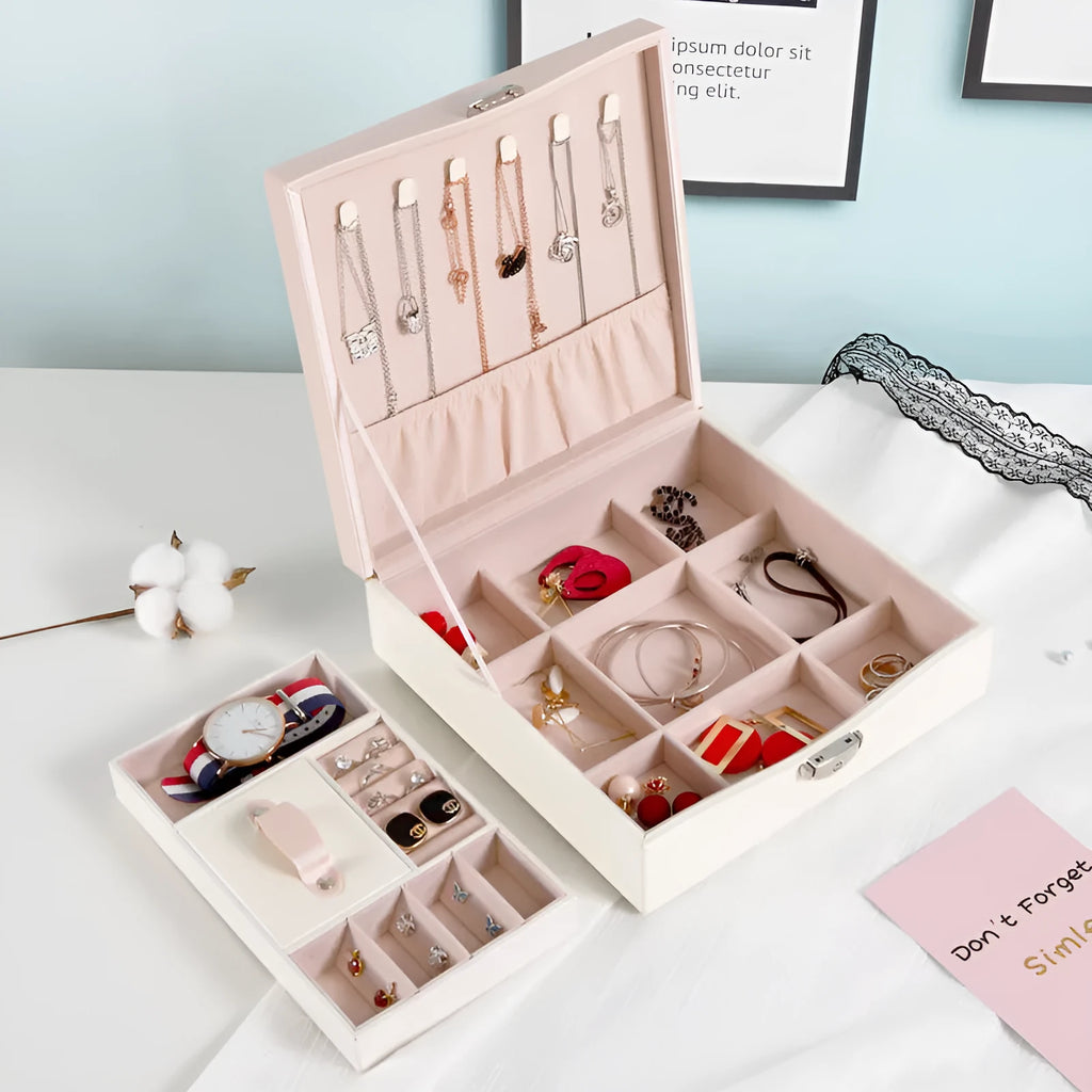 Large red or white PU leather jewellery storage box for necklaces and rings.