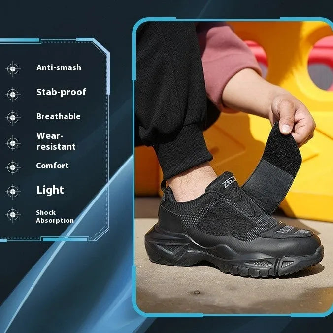 Black safety work shoes with steel toe cap, felt buckle closure, and anti-puncture sole for industrial use